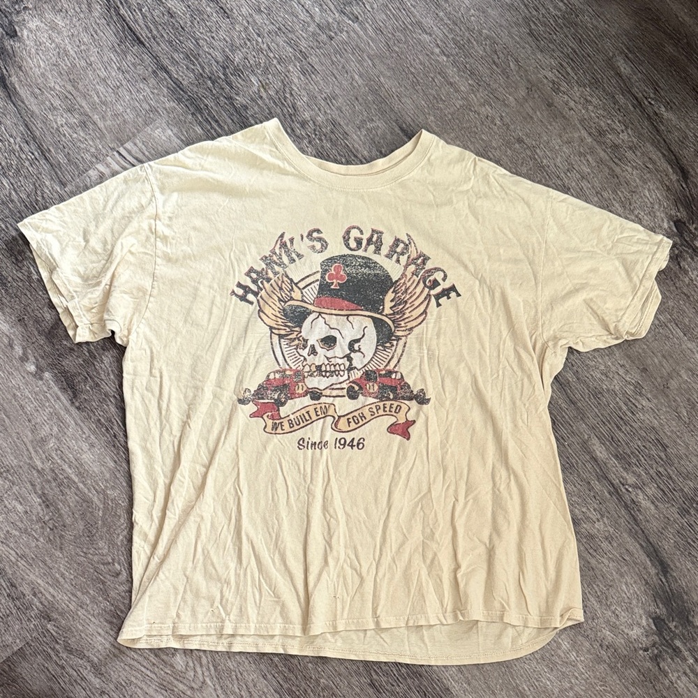 Hanes Cream Graphic Skull Wings Tee with Red and Black Accents